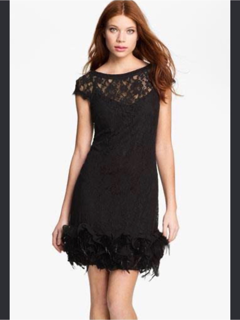 Jessica Simpson Elegant Black Lace Cap-Sleeve Dress with Feather Hem